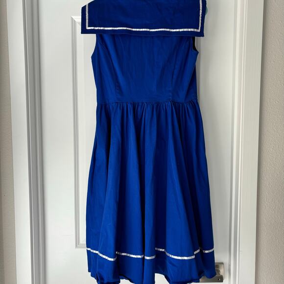 Hearts & Roses London Pin Up Sailor Swing Mini Dress in blue w/ red bow Size 12 - Picture 3 of 5